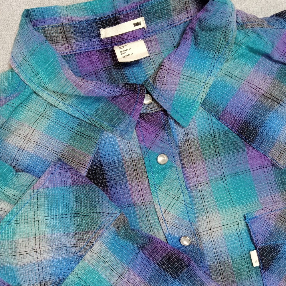 Levi's Shirt Womens Small Blue Purple Plaid Western Pearl Snap Long Sleeve Top